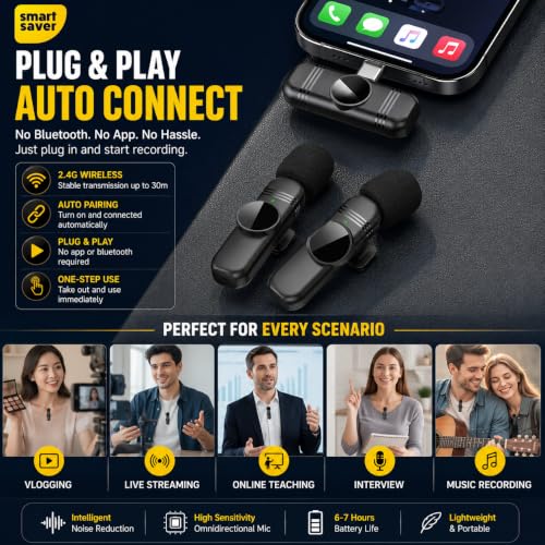 Image of Smart Saver 2 Pack Professional Wireless Lavalier Microphone for iPhone iPad(iPhone 14 and Below), Plug-Play Clip on Mic for YouTube, Recording, Vlog, Facebook Live