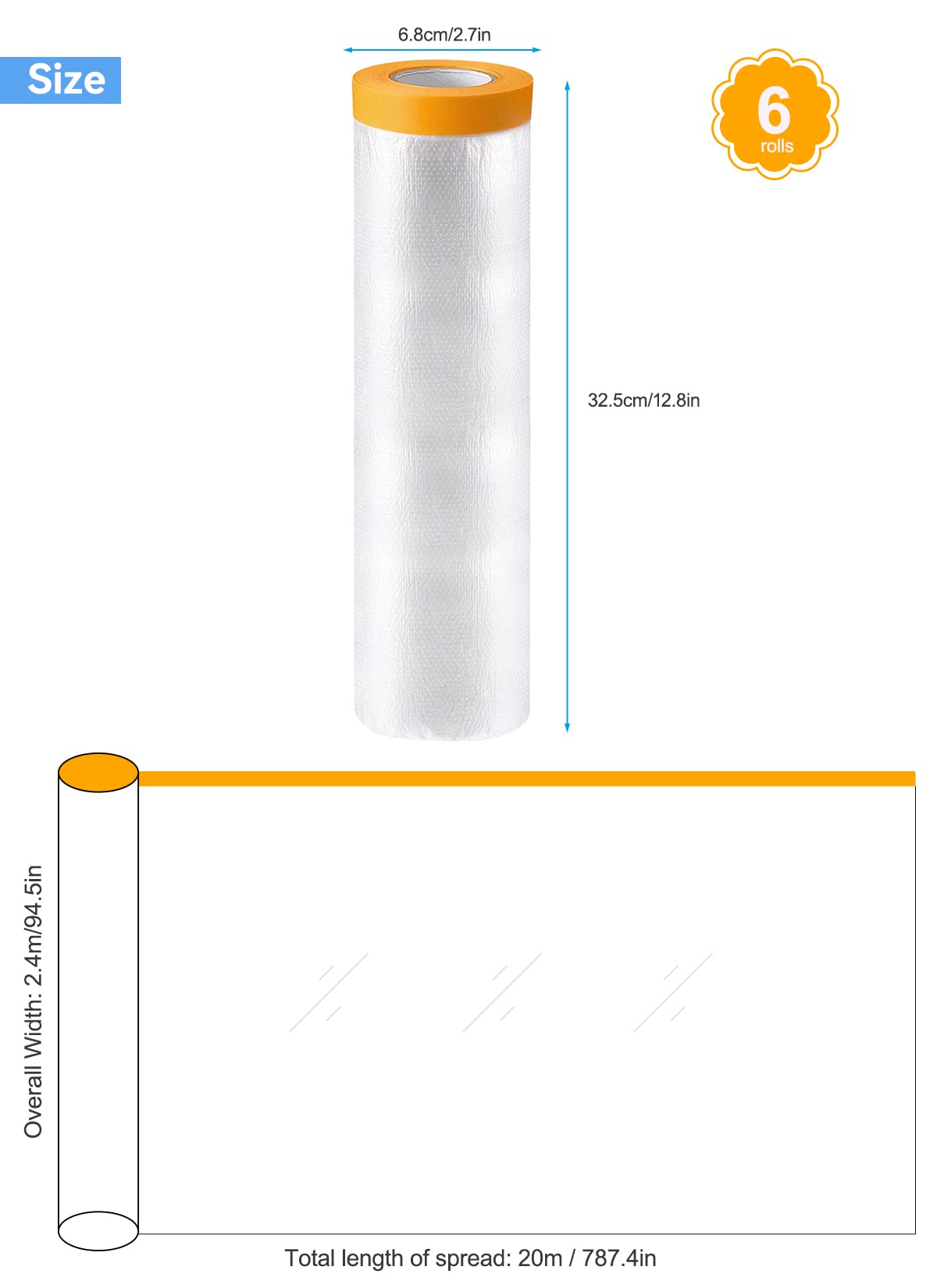 6 Rouleaux Papier de Masquage, 240cm*20M Bache de Protection Transparente, Masker Avec Ruban Adhésif Pour Meuble de Protection (240cm×20m)