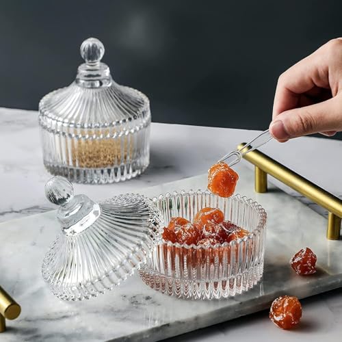 Image of SKDBPM Crystal Glass Storage Jar with Diamond Faceted Design, Decorative Container with Lid, Clear