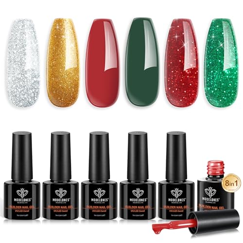 modelones Christmas Gel Builder Nail Polish, 6 Colors Sparkle Green Glitter Gold Silver Builder Nail Gel, Dark Green Dark Red Gel Builder LED Cured for Nail Thickening, Apex Building, Gifts for Women