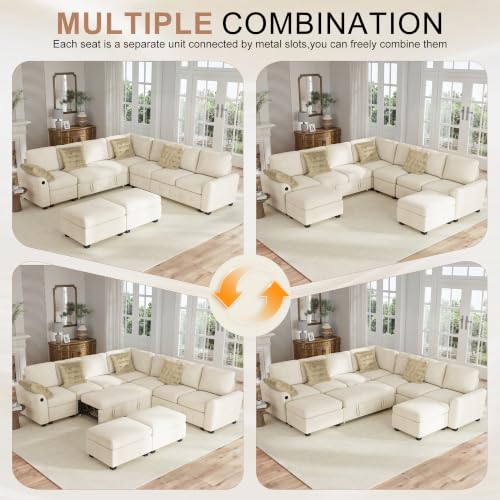 Image of Hanherry 106 inch Sectional Sofa with Pull Out Couch Bed,7 Seat Corduroy Sleeper Sofa with 2 Seat Storage & USB Charging,Storage Ottoman,Comfy Modular Couches for Living Room,Apartment