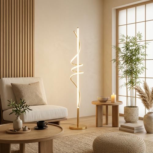 Image of LED Spiral Floor Lamp | 3-Color CCT (Warm + Natural + Cold White) | Gold Aluminium Standing Lamp for Living Room, Bedroom & Home Decor
