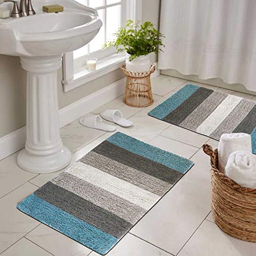 Image of THE HOME TALK Cotton Stripes Bathmats | Water Absorbent Runners | Floor Mats /Rugs for Kitchen, Bathroom | Ultra Soft Mats | Non-Slip | Pack of 2 | 40 x 60 cm | Turquoise