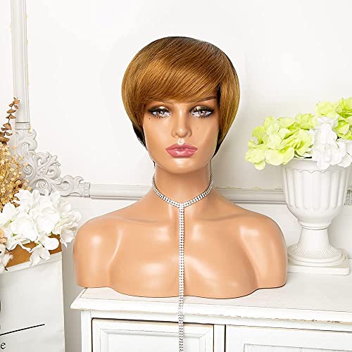 Brennas Hair Pixie Cut Wig Human Hair Short Bob Wig Ombre Honey Blonde Black and Brown Highlight Wigs For Women Machine