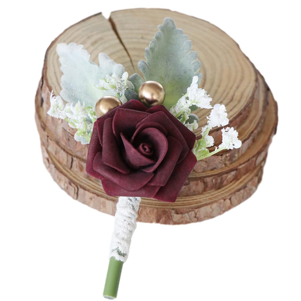 Mophrati Wine Red Soft Texture Flowers Wedding Corsage - Two Fixture Way Exquisite Crafted Stability Pin Groom Boutonniere Bracelet,