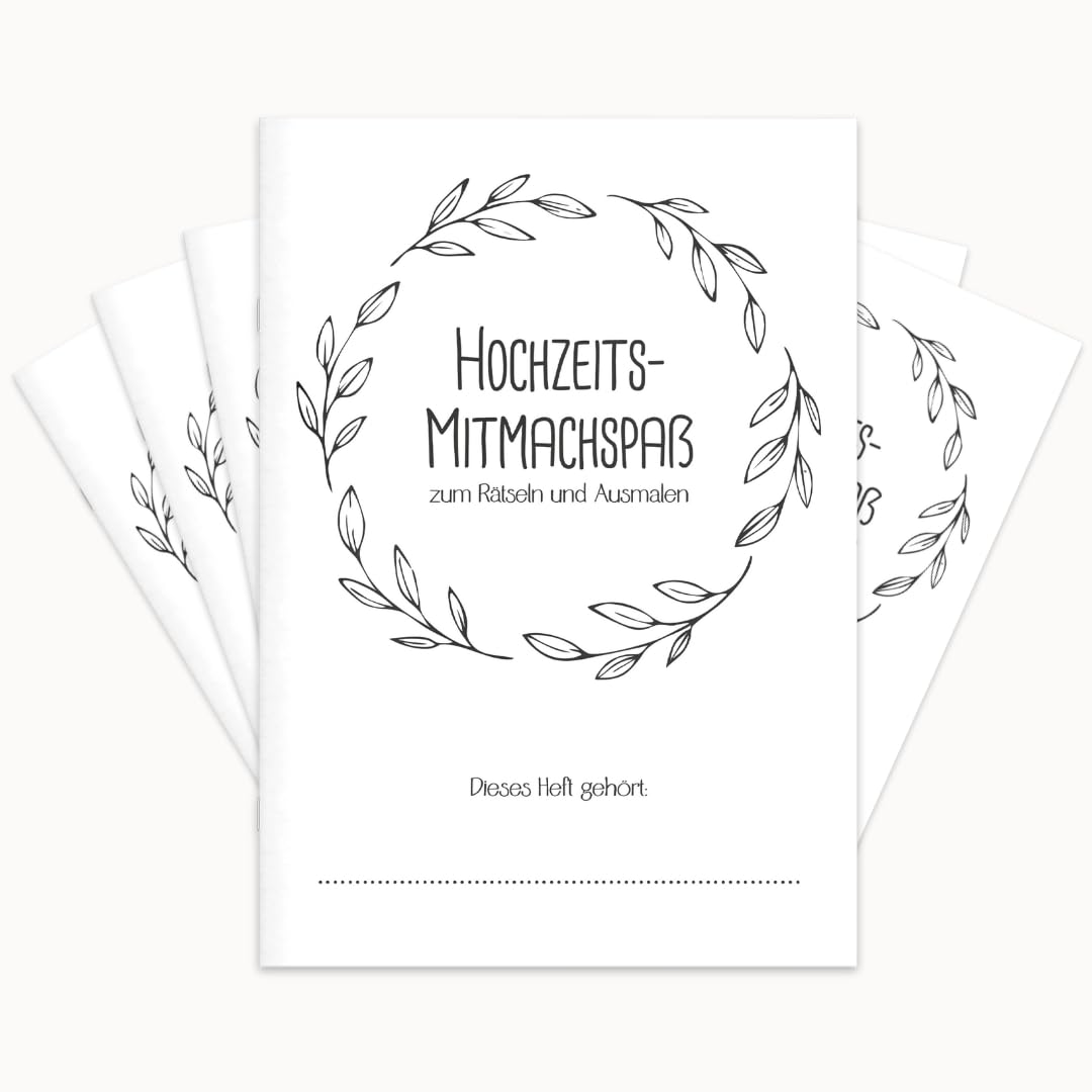 PuK Hochzeits-Mitmachspaß | Kinder-Beschäftigung Hochzeit Set | Malbuch & Rätselbuch für kleine Gäste | 6 oder 12 Hefte | Optional mit Buntstiften | Gastgeschenk Hochzeit Kinder (12, ohne Buntstifte)