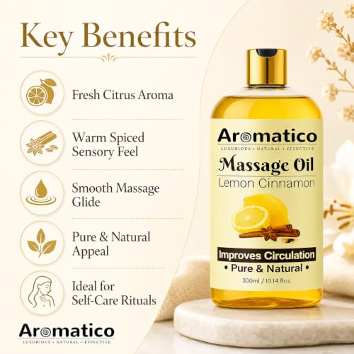 Image of AROMATICO Lemon & Cinnamon Warm Massage Oil - Ideal for Hot Oil Massage | Body Massage Oil with Almond & Jojoba for Full Body Relaxation | 300ml