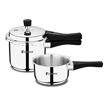 Bergner Sorrento Stainless Steel Pressure Cooker Combo with Outer Lid, 2 Litres & 3 Litres, Triply Base, Heavy Bottom, Induction Base, Gas Ready, Silver