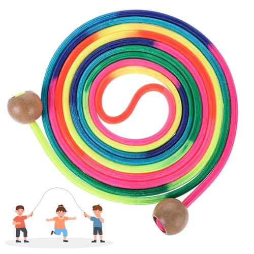 Long Jump Rope for Kids 16 FT Adjustable Skipping Rope Multiplayer Rainbow Jumping Rope with Wooden Ball Handle for School and Outdoor Activities