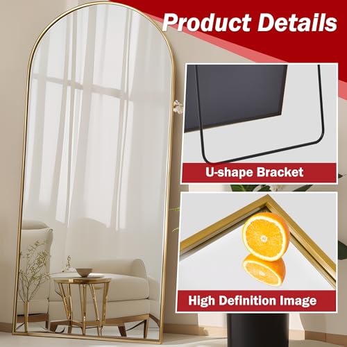 Suidia Arched Full Length Mirror, 76"x34" Floor Mirror Freestanding, Floor Standing Full Body Mirror with Stand for Bedroom, Hanging Mounted for Living Room Cloakroom, Gold