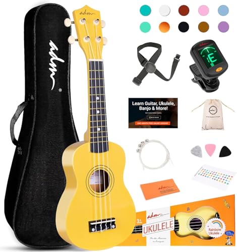 Image of ADM Ukulele for Beginners Hawaiian Wood Ukelele Kit for Kids Adult Student Starter Professional Ukalelee Pack Bundle with Free Lessons Gig Bag Strap Nylon String Tuner (Baby Yellow, 21 Inch)