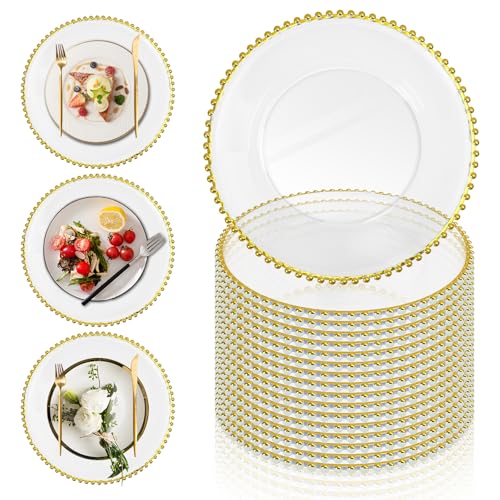 PROY 50 Pcs Clear Gold Beaded Charger Plates Bulk 13 Inch Clear Charger Plates with Gold Trim Round Charger for Dinner Plates Table Chargers for Table Setting Wedding
