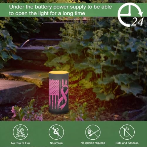 Image of Poceacles Flameless LED Candle Battery Powered Votive Lights Realistic Pillar Candle Decorative Tea Lights for Breast Cancer Awareness Indoor Outdoor Decor, Pink Ribbon American Flag Black