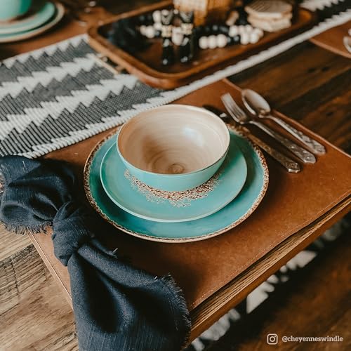Image of Paseo Road Patina Turquoise 16 Piece Ceramic Southwestern Rustic Cabin Dinnerware Set with Plates, Bowls and Mugs
