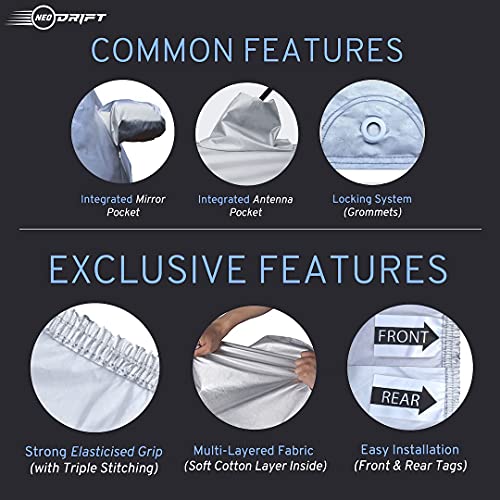 Image of NEODRIFT 'CrystalTech' All Weather Protection Car Cover for Tata Altroz (Long Antenna) - Dust, Waterproof, Durable Cover - Triple Stitched Elastic Grip with Mirror and Antenna Pocket - Silver
