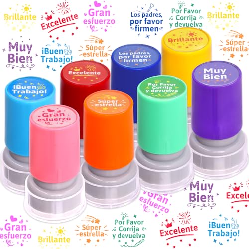 Fancy Land Spanish Stamps for Teacher Grading Reward Self Inking Stamp 8Pcs | Spanish Classroom Must Haves, Motivational, Kids, Toddlers, Students, Homework, Test, Signature, School, Classroom