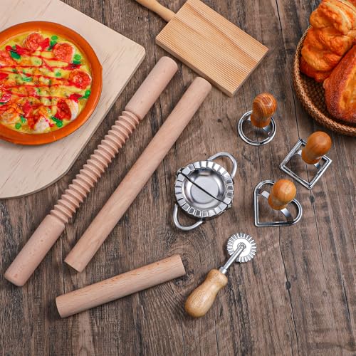 Ckhoid 9 Pcs Gnocchi Pasta Making Tools Kit with Wood Gnocchi Board, Pasta Cutter, Ravioli Stamp, Wood Threaded Pasta Roller Pin Set, Homemade Pasta Maker Dumplings Kitchen Gift for Pasta Lovers