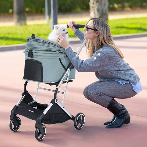 Image of T4 PRO Pet Stroller for Small Medium Dogs, Cat Strollers for 2 Cats, 4 Wheels Folding Pet Stroller for Cats with Pad, Canopy and Cup Holder, Green