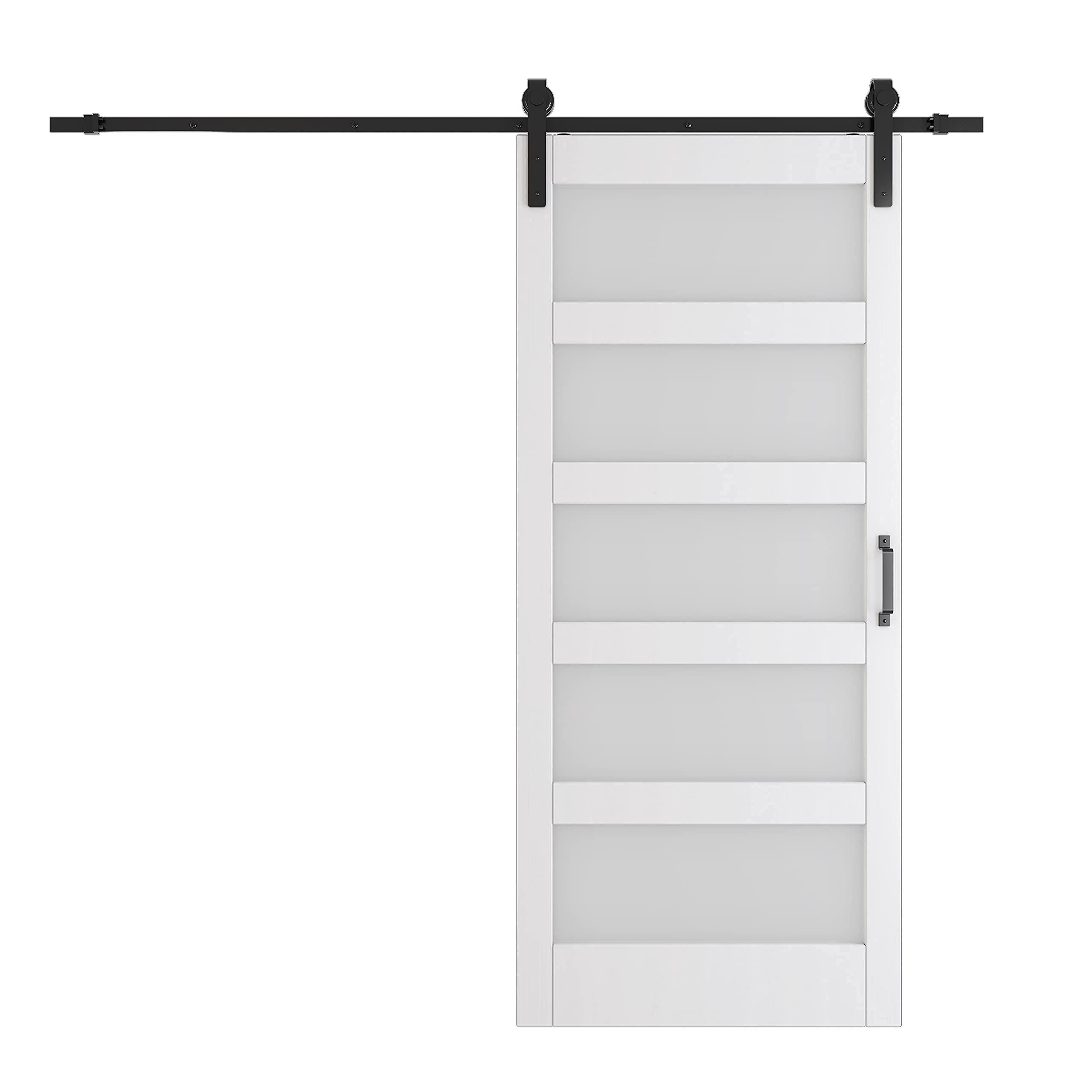 SIMPLECOZY 5 Panel Glass Sliding Barn Door, 36 in x 84 in, White, MDF, and Water-Proof PVC Covering, with a Barn Door Hardware Kits