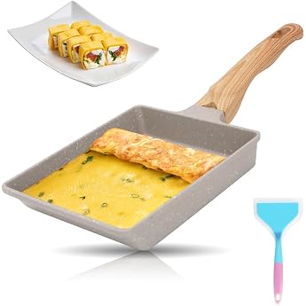 RANJIMA Tamagoyaki Omelette Pfanne Rechteckige Japanische Omlettenpfanne mit Isoliertem Holzgriff Aluminium Antihaft Eierpfanne f r Induktion & Gasherd Tamago Pfanne Bratpfanne 19 x 16 cm Wei