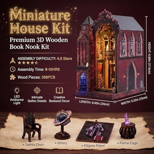 Image of Book Nook Kit, DIY Miniature House Dollhouse Crafts Kit for Adults and Teens, Magic Castle 3D Wooden Puzzle Booknook Build Bookshelf Decor, Gifts for Family and Friends（Arcane Sprire）