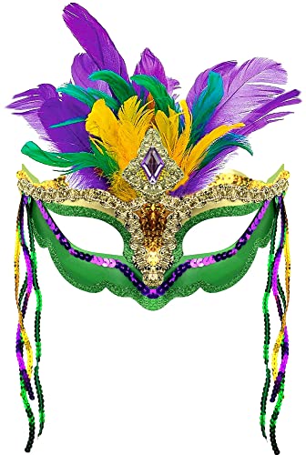 QLINLEAF Mardi Gras Mask Masquerade Feather Mask Women,Sequin Feather Mask,Halloween Carnival Masquerade Decoration