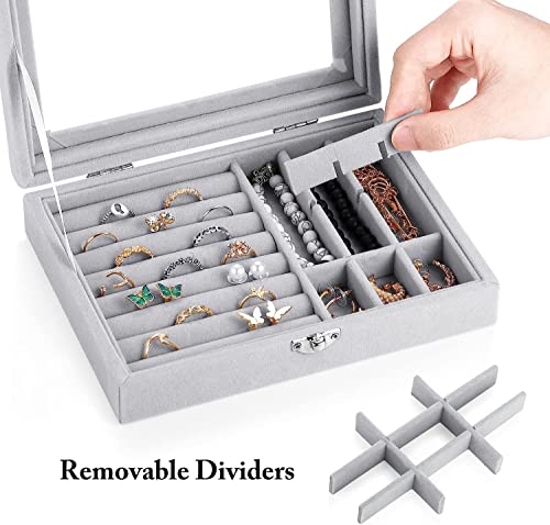 Image of BucketList Women's Velvet Glass Ring Earrings Jewelry Box - Display Storage Showcase Holder Organizer (Small 9 Grid 9 Rows-Grey)