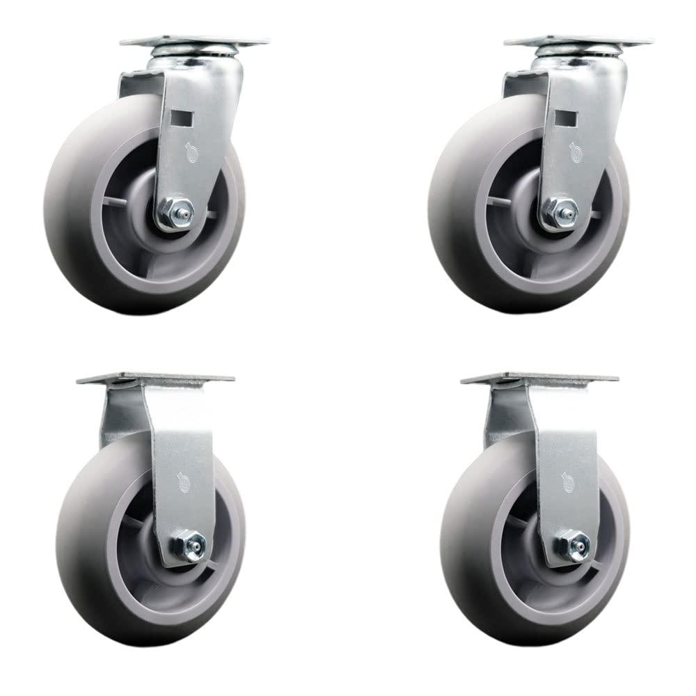 Swivel and Rigid Top Plate Caster Set – Gray 6 Inch by 2 Inch Thermoplastic Rubber Donut Tread Wheel–Roller Bearing–1,800 lbs. Total Capacity–Includes 2 Swivel and 2 Rigid Casters–Service Caster Brand