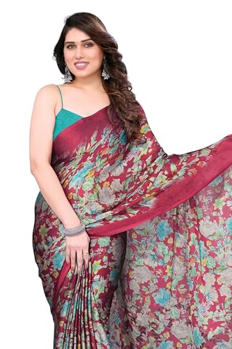 Image of MIRCHI FASHION Women Saree | Chiffon Leaf and Checked Print Professional Office Sari with Blouse