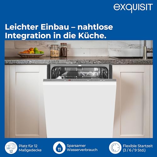 Exquisit Einbau-Geschirrspüler, 12 Maßgedecke, 49 dB(A), 6 Programme, Startzeitvorwahl, Aquastop, höhenverstellbarer Geschirrkorb, EGSP56312-E-030E silber