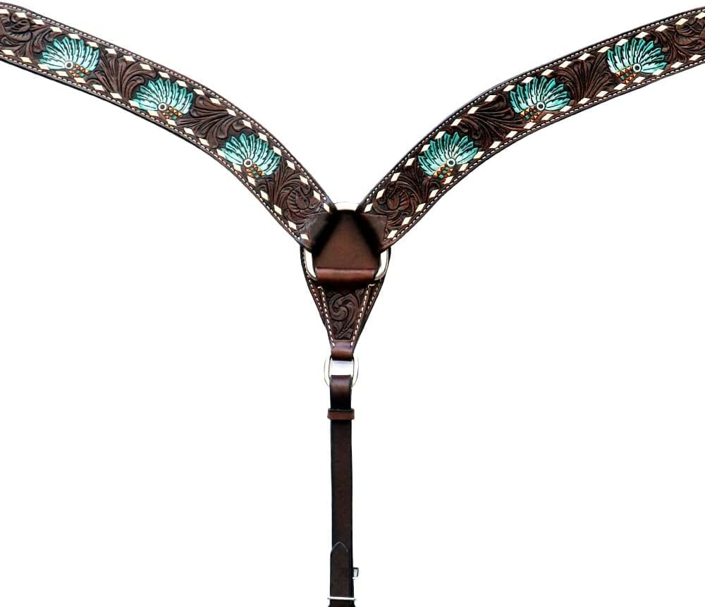 Western Saddle Horse Headstall Bridle Breast Collar Reins Tack Set Leather Floral Tooled Handmade Breastplate ME-HBC-180F Full Size