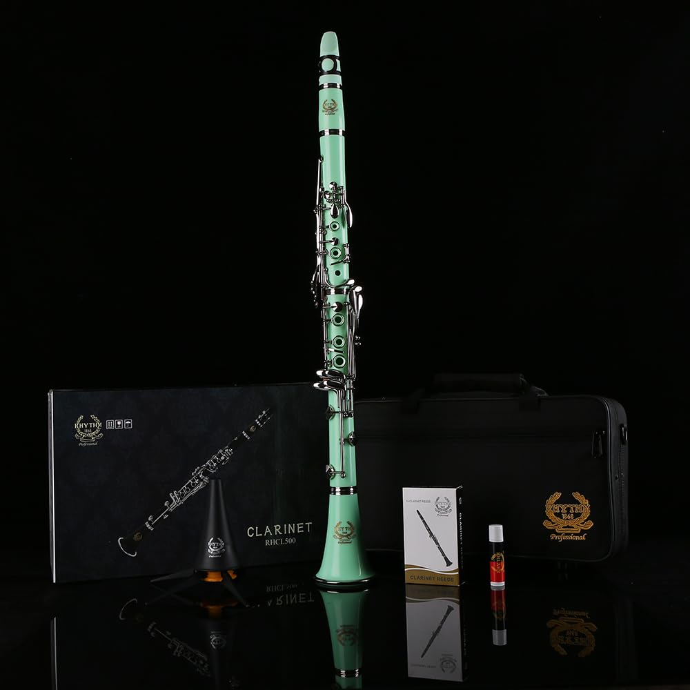 Rhythm Clarinete Bb con 17 teclas de níquel, banda de viento de madera e instrumentos musicales de orquesta para principiantes, incluye funda, soporte, 10 cañas y kit de limpieza, color verde
