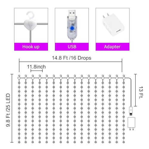 Image of 16 Colors Changing Curtain Lights - 400 LED 14.8 X 9.8 FT Fairy String, 7 Modes Twinkle with Remote, Backdrop Wall Hanging Dripping for Bedroom Backyard Halloween Christmas Decor