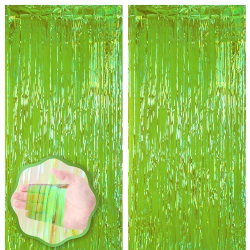 Image of Voircoloria 2 Pack 3.3x8.2 Feet Neon Green Foil Fringe Backdrop Curtains,Tinsel Streamers Birthday Party Decorations,Fringe Backdrop for Margaritas Themed Party Decorations,Baby Shower,Disco Party