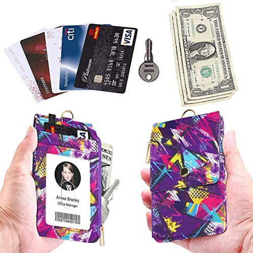 Elv Badge Holder With Zipper, Id Badge Card Holder Wallet With 5 Card Slots, 1 Side Rfid Blocking Pocket And Neck Lanyard Strap For Offices Id, School Id, Driver Licence (Graffiti Purple) #TOP2