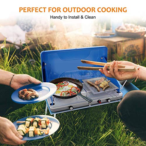 Camplux Gas Camping Stove, JK-6320 Auto-Ignition Propane Stove, 2 Burner Propane Stove with Propane Regulator, Total 20,000 BTU Camplux Gas Camping Stove, JK-6320 Auto-Ignition Propane Stove, 2 Burner Propane Stove with Propane Regulator, Total 20,000 BTU