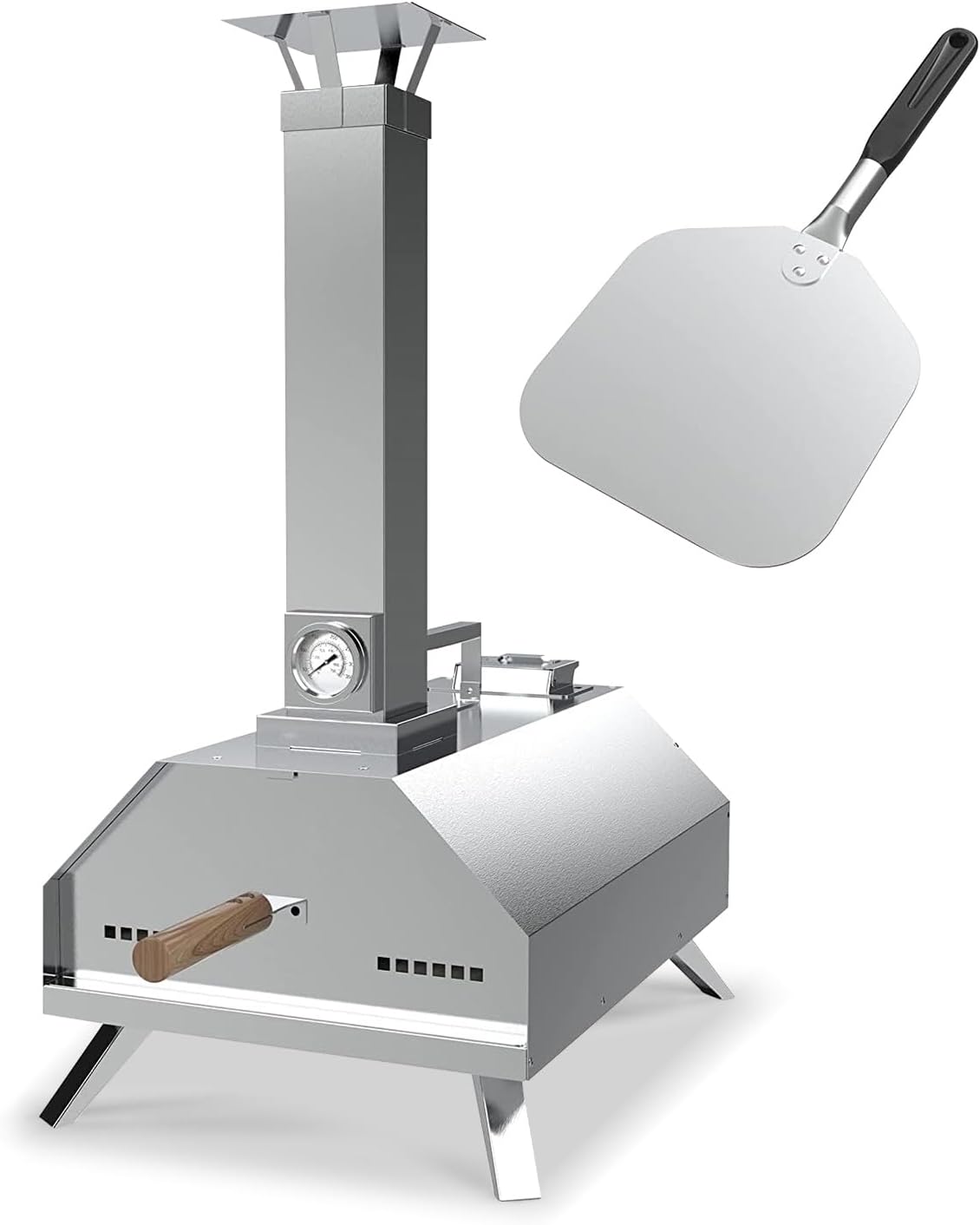 11'' Outdoor Pizza Oven, Wood Fired Pellet Stove, Portable Stainless Steel Cooking Pizza Maker for Outside Kitchen, Garden, Patio, Backyard (with Peel)