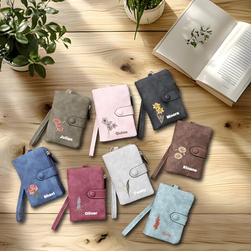 Personalized Wallets for Women - Custom Birth Flower and Name, Leather Ladies Wallet, Card Holder Coin Purse, Personalized Birthday Christmas Gifts for Mom Grandma (Colorful birthday flower)3