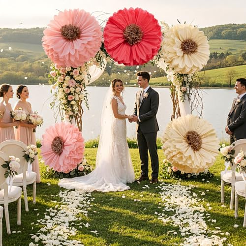 Image of Chunful 5 Pcs 30'' 24'' Giant Fairy Tissue Paper Flowers Decor Crepe Large Colorful Hanging Tissue Paper Pom Poms Decor for Fairy Garden Birthday Bachelorette Wedding Baby Shower Bridal Shower Party