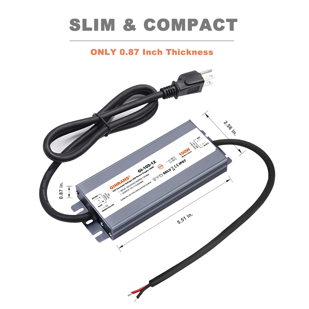 Driver de Fuente de Alimentación LED de Voltaje Constante Impermeable IP67 de 100W, Entrada Universal 100-240V AC con Enchufe, Salida 12V DC 8,33A Máx. para Iluminación LED Exterior