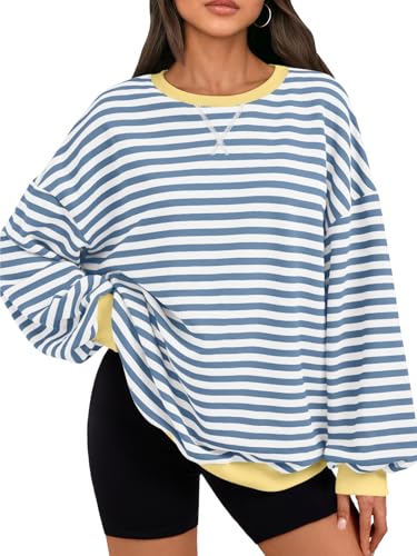Trendy Queen Oversized Sweatshirt for Women 2026 Fall Crewneck Striped Long Sleeve Shirts Hoodies Cute Top Y2K Outfits SEBlueWhite L
