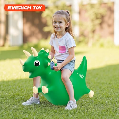 Image of EVERICH TOY Bouncy Dinosaur Hopper, Ride-On Animal Hop Toy for Kids 3+ | Inflatable Horse Hopping for Boys Girls, Indoor Outdoor Bouncy Dino Plush Toy for 3 Year Old Kids, Gift for 4 5 6 Yrs W / Pump
