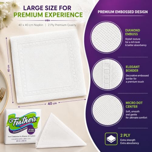 Image of Feather's Premium Tissue Paper Napkin | 2Ply, 50 pulls per pack, Pack of 3, 40 X 40 cm | Naturally White, Super Strong & Absorbent | Extra Soft Luncheon Paper Napkin | Best for Serving & Daily Use