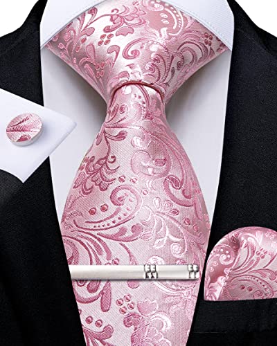Image of DiBanGu Silk Floral Ties for Men Woven Paisley Necktie and Tie Clip Handkerchief Cufflinks Set for Party Wedding