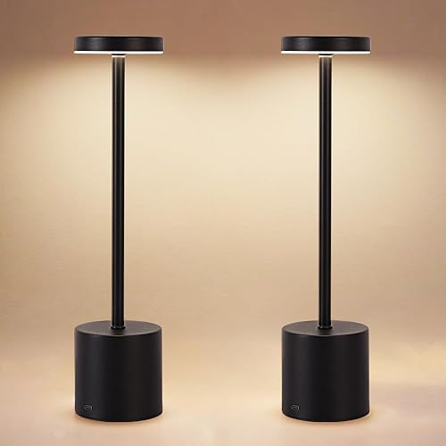 Miniatura 11 de Paquete de 2 lámparas de mesa inalámbricas recargables LED, portátiles para exteriores, 5000 mAh, funciona con pilas, luz de mesa con control 2