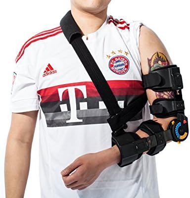 Orthomen Hinged ROM Elbow Brace, Adjustable Post OP Elbow Brace with Sling, Stabilizer Splint Arm Injury Recovery Support After Surgery, Mam & Women(Left)