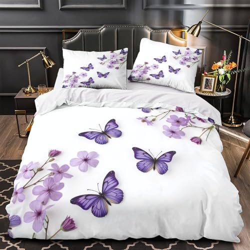 Parure de lit papillons violets housse de couette microfibre douce 140x200 - 2