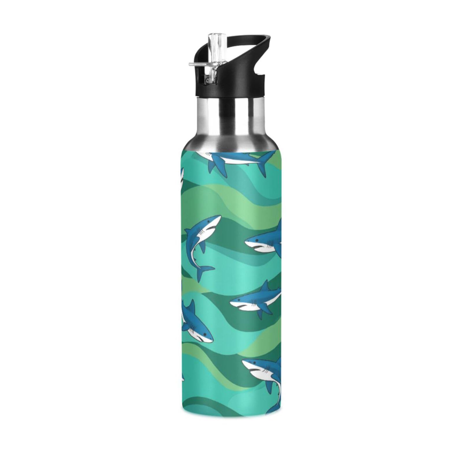 BOESI Blue Sharks Insulated Water Bottle 600ml, Stainless Steel Vacuum Sports Bottle with Straw, Leak Proof Thermal Bottle for Gym Travel Outdoor