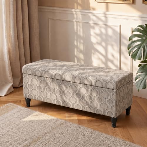 Asense Upholstered Storage Ottoman Hinged-lid Linen Bench Rectangular Footstools Accent Furniture for Bedroom Living Room Entryway, Beige & Light Grey Patterns