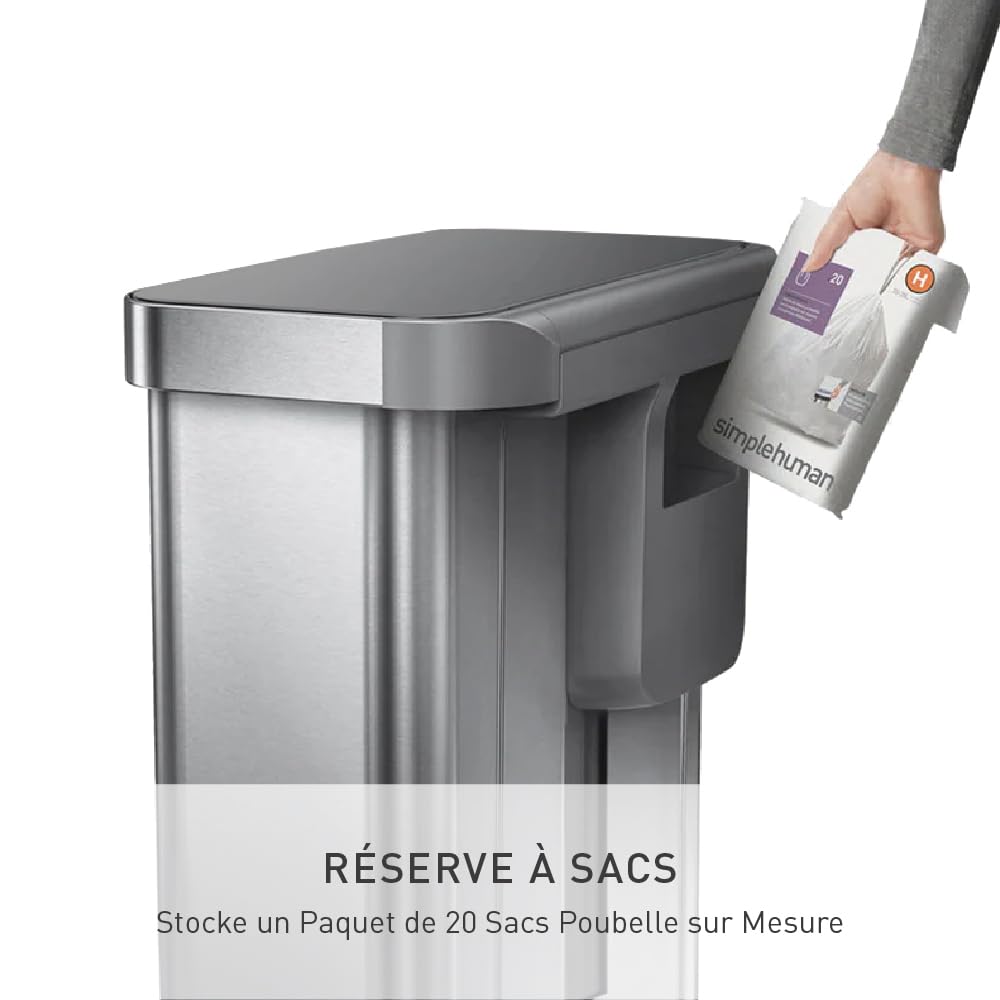 simplehuman poubelle rectangulaire à pédale, avec réserve à sacs, acier inoxydable brossé avec couvercle en plastique gris, 45 litres